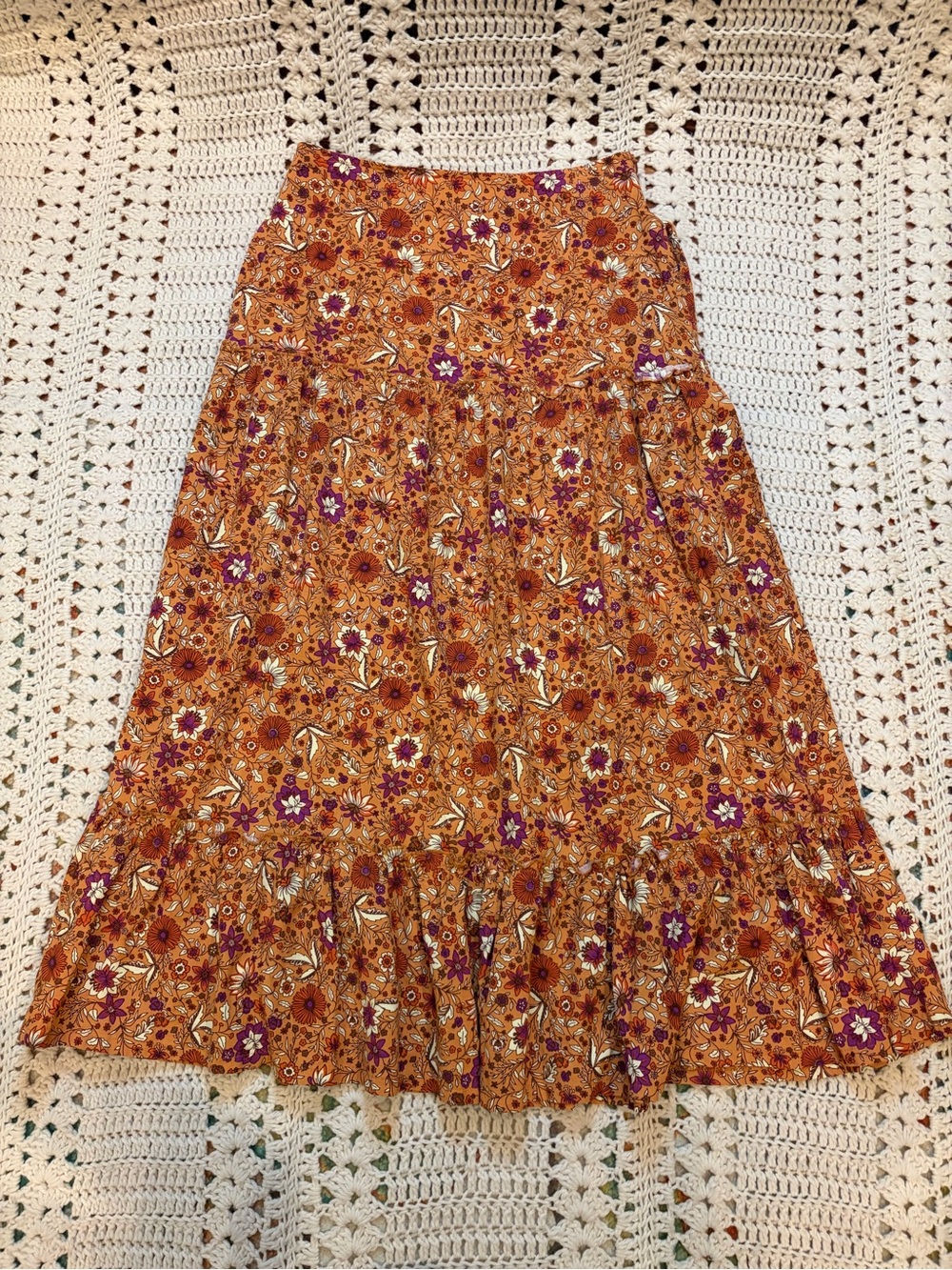 Luna Moon Orange Floral Maxi Tiered Skirt Size Medium